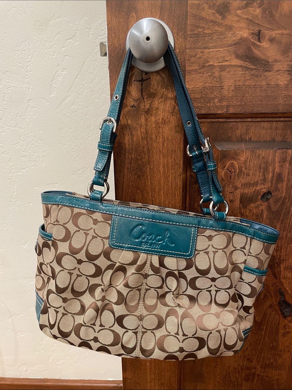 Coach Brown Signature Tote with Teal Trim